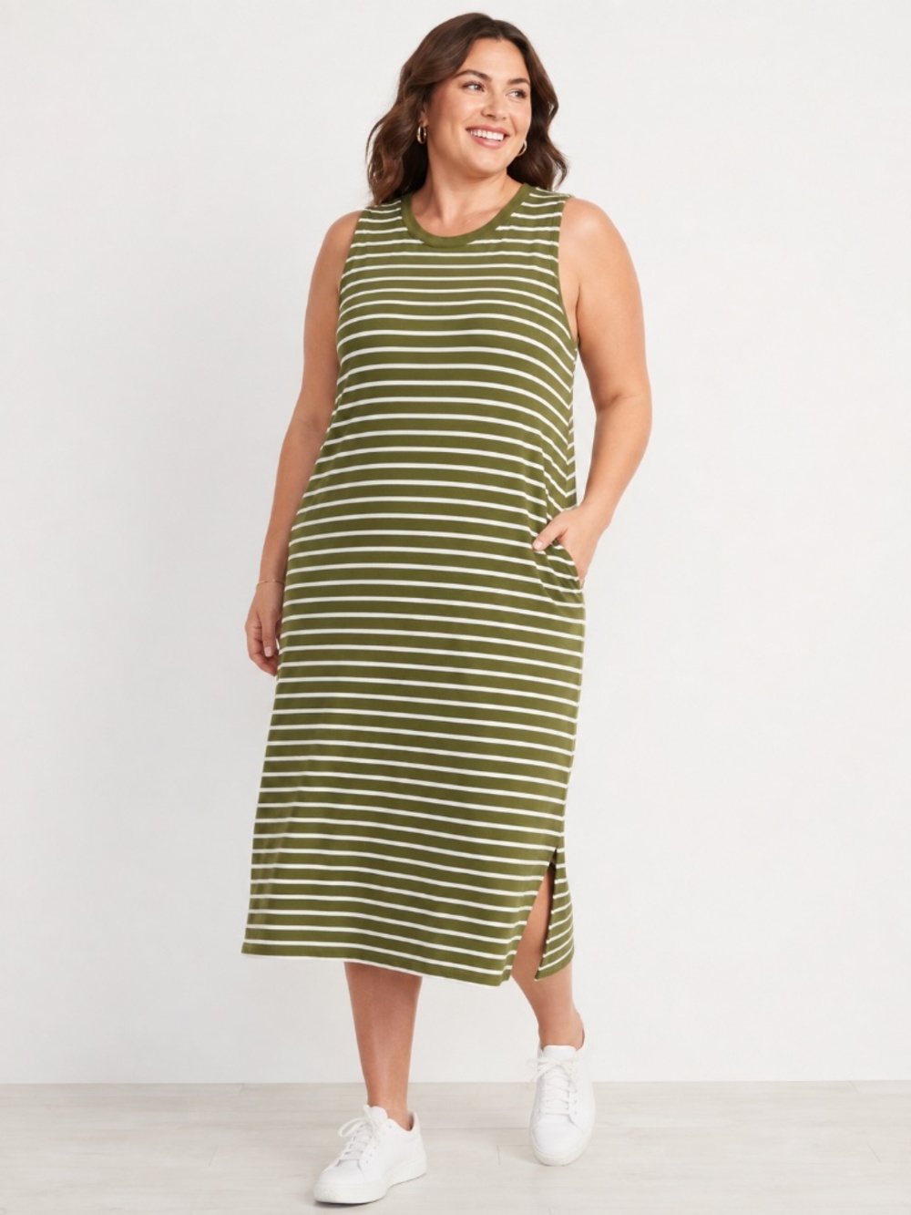 Madewell Midi Tank Dress Women's 4X Olive Green Striped Sleeveless 100% Cotton